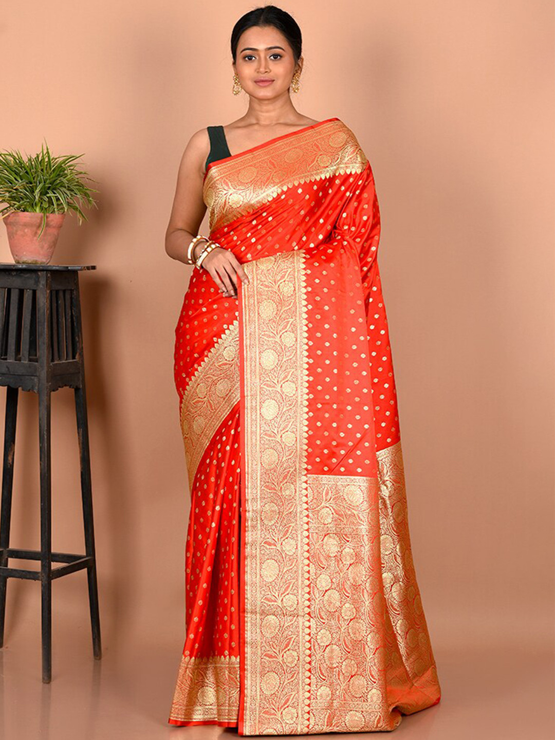 

AllSilks Floral Zari Banarasi Silk Blend Saree, Orange
