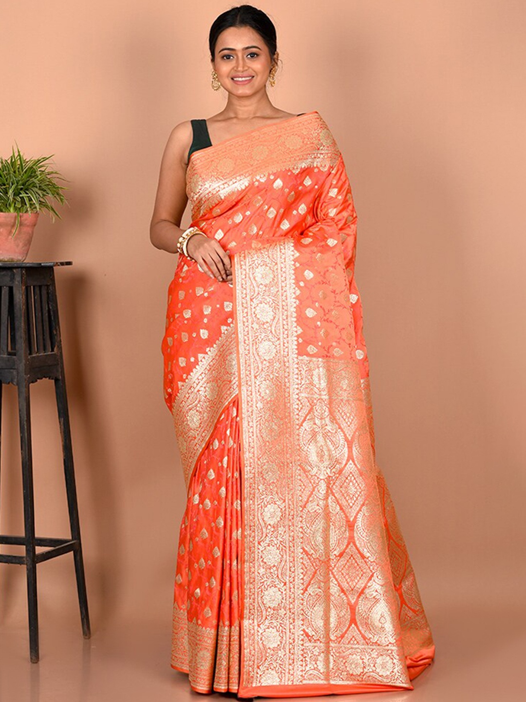 

AllSilks Ethnic Motifs Zari Banarasi Silk Blend Saree, Pink