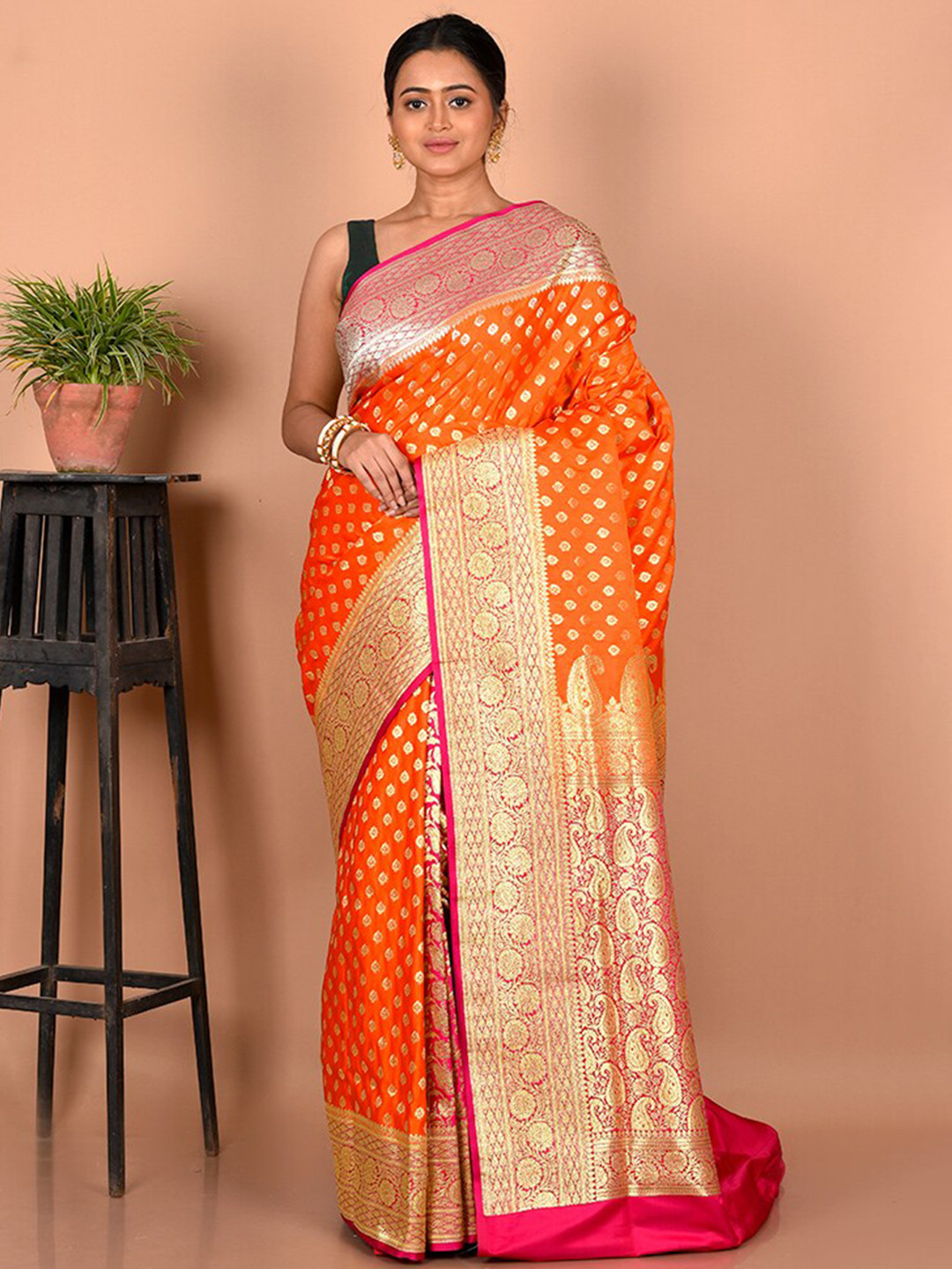 

AllSilks Paisley Zari Banarasi Silk Blend Saree, Orange