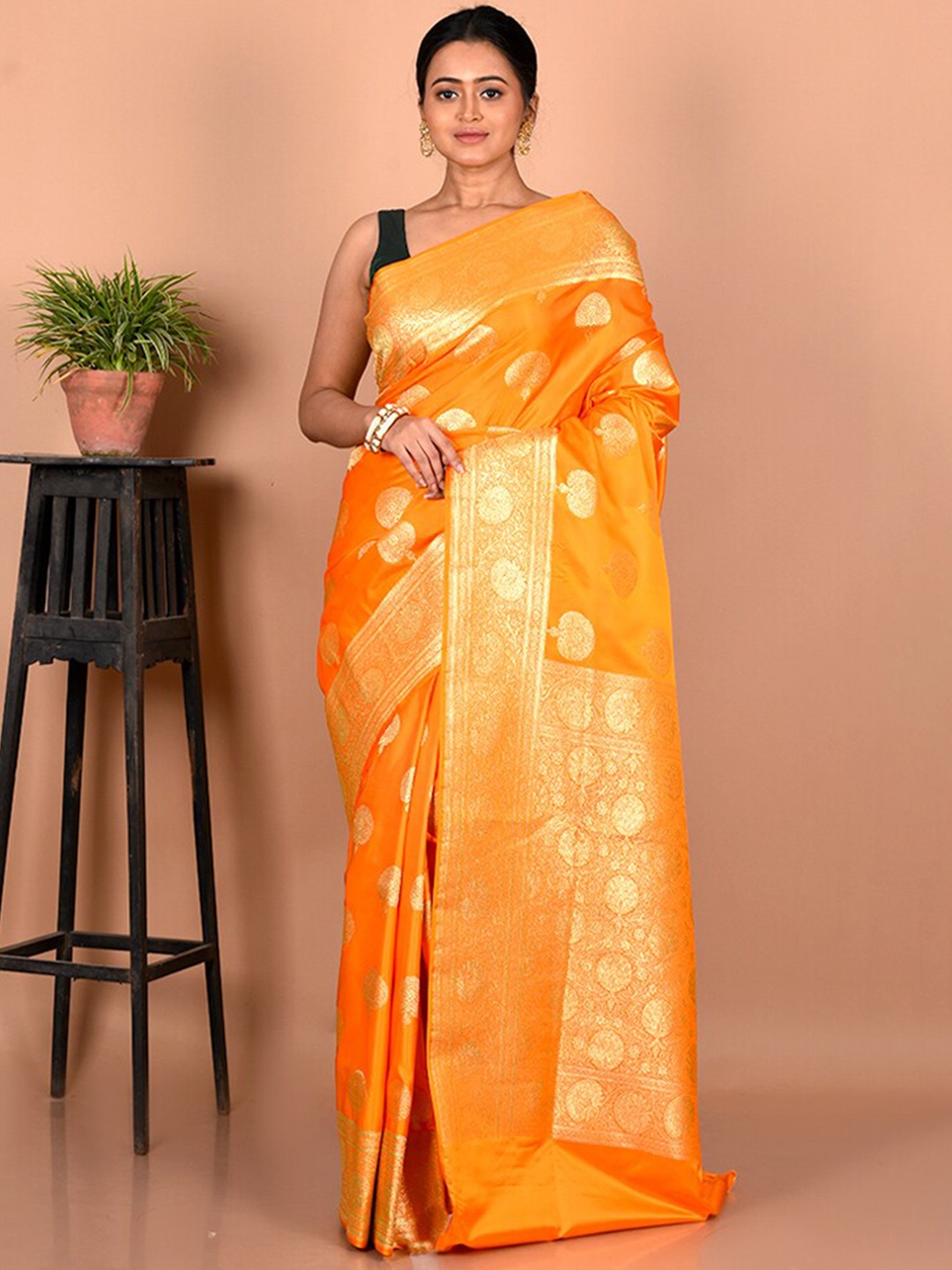 

AllSilks Yellow & Gold-Toned Woven Design Zari Silk Blend Banarasi Saree