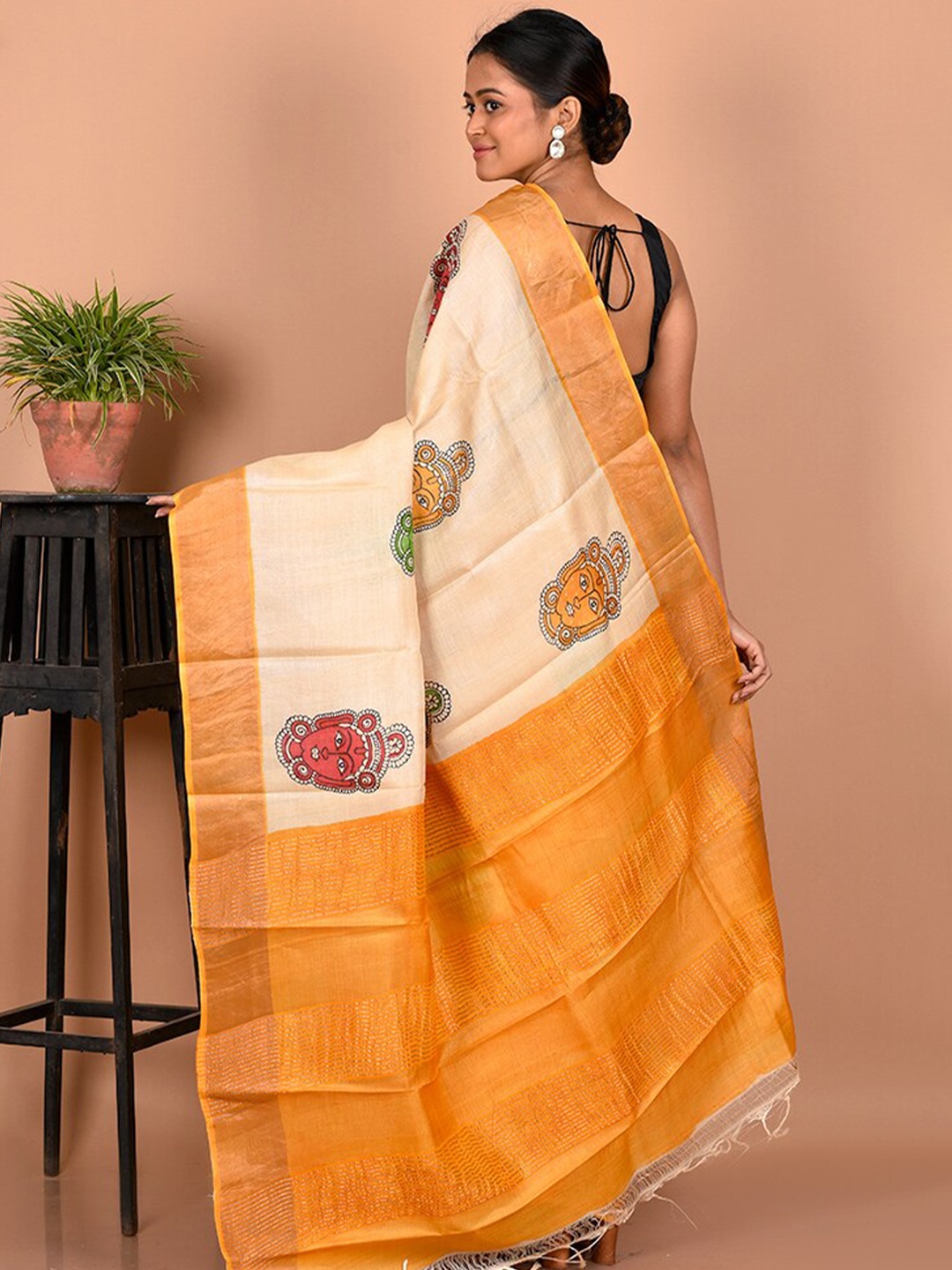 

AllSilks Ethnic Motifs Zari Tussar Silk Blend Saree, Cream