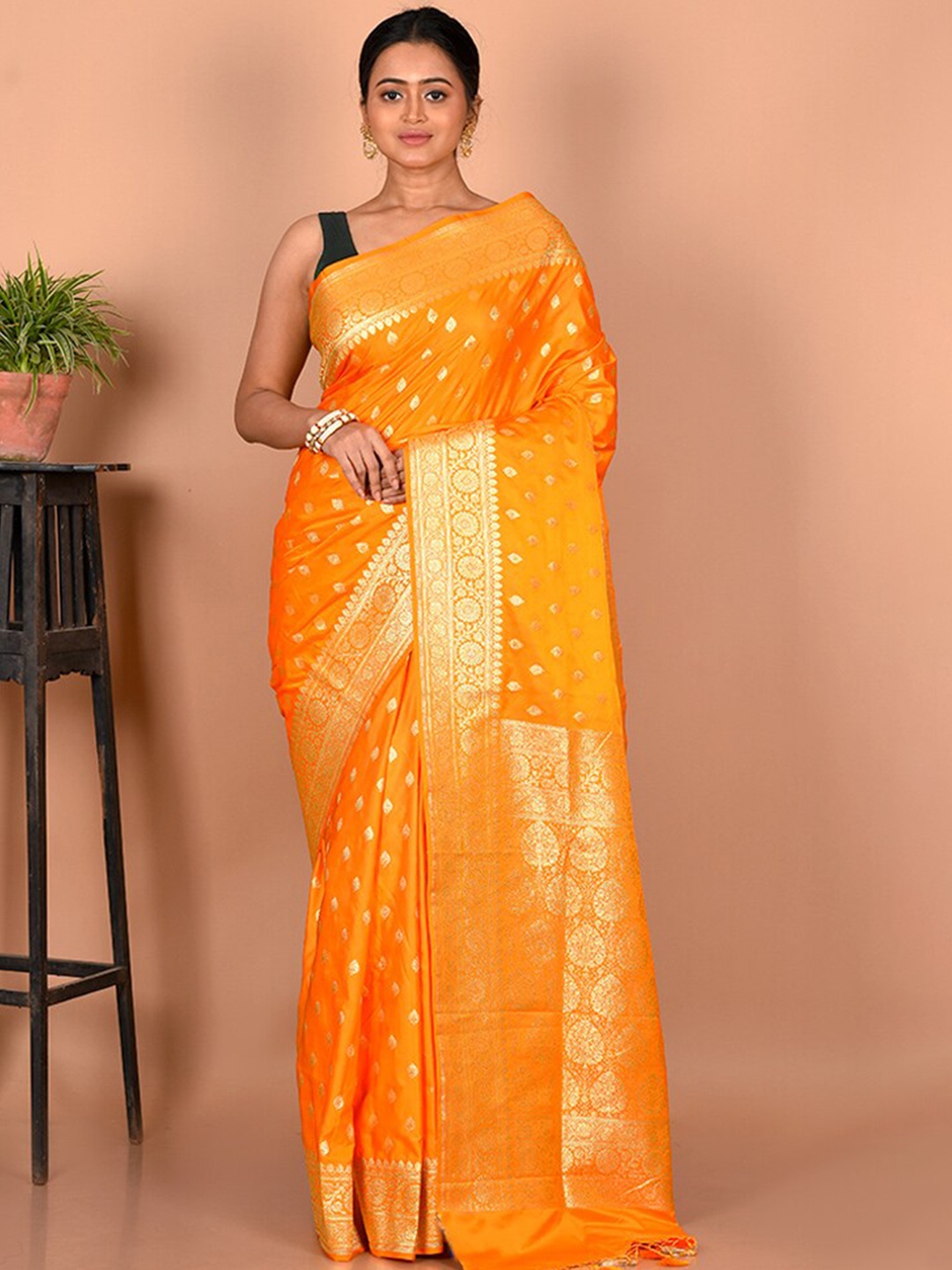 

AllSilks Woven Design Zari Silk Blend Banarasi Saree, Yellow