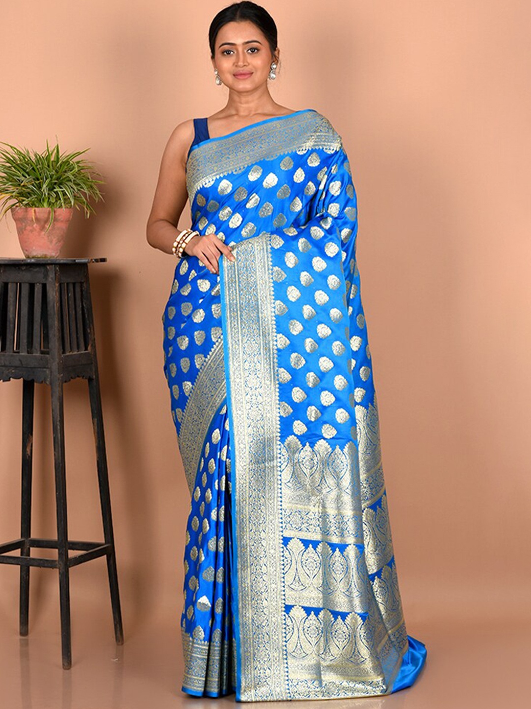 

AllSilks Woven Design Zari Silk Blend Banarasi Saree, Blue