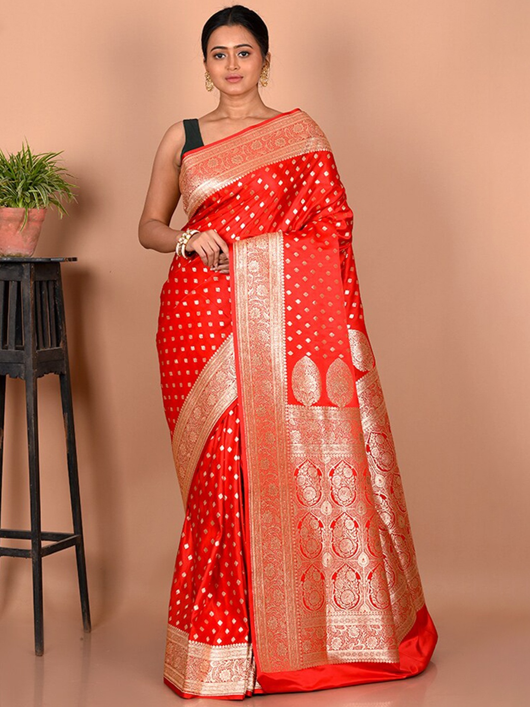 

AllSilks Woven Design Zari Silk Blend Banarasi Saree, Red