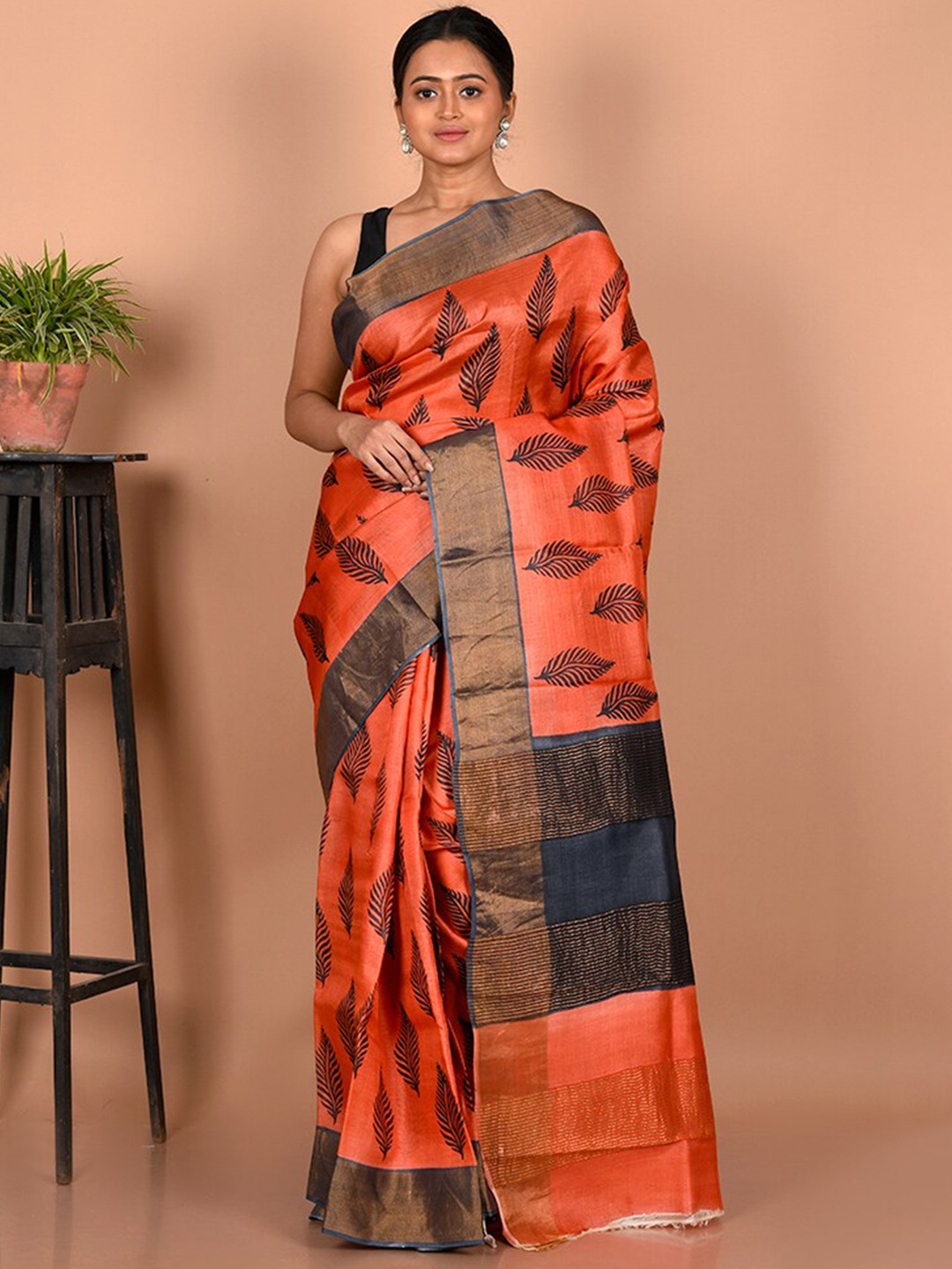 

AllSilks Ethnic Motifs Zari Silk Blend Tussar Saree, Rust