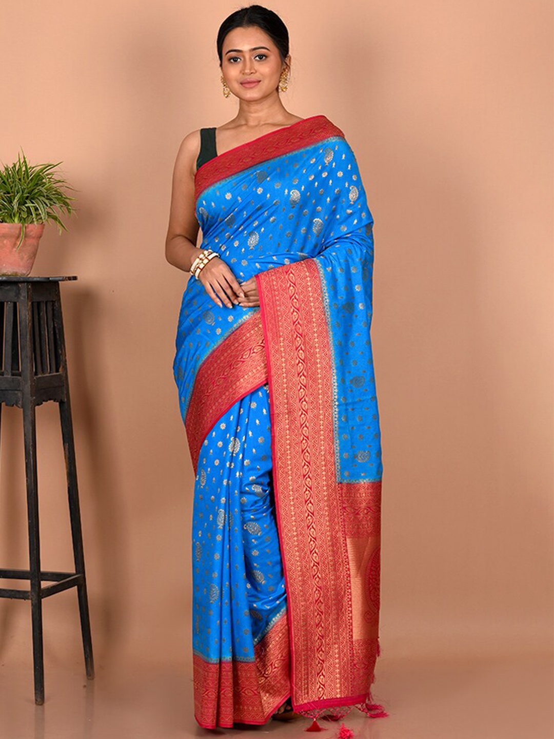 

AllSilks Woven Design Zari Silk Blend Saree, Blue