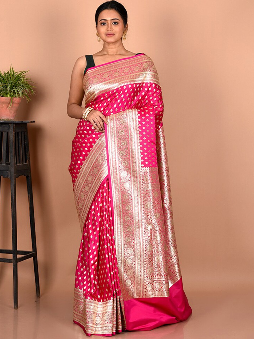 

AllSilks Woven Design Zari Silk Blend Banarasi Saree, Pink