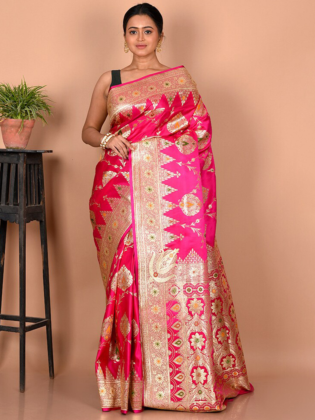 

AllSilks Woven Design Zari Silk Blend Banarasi Saree, Pink