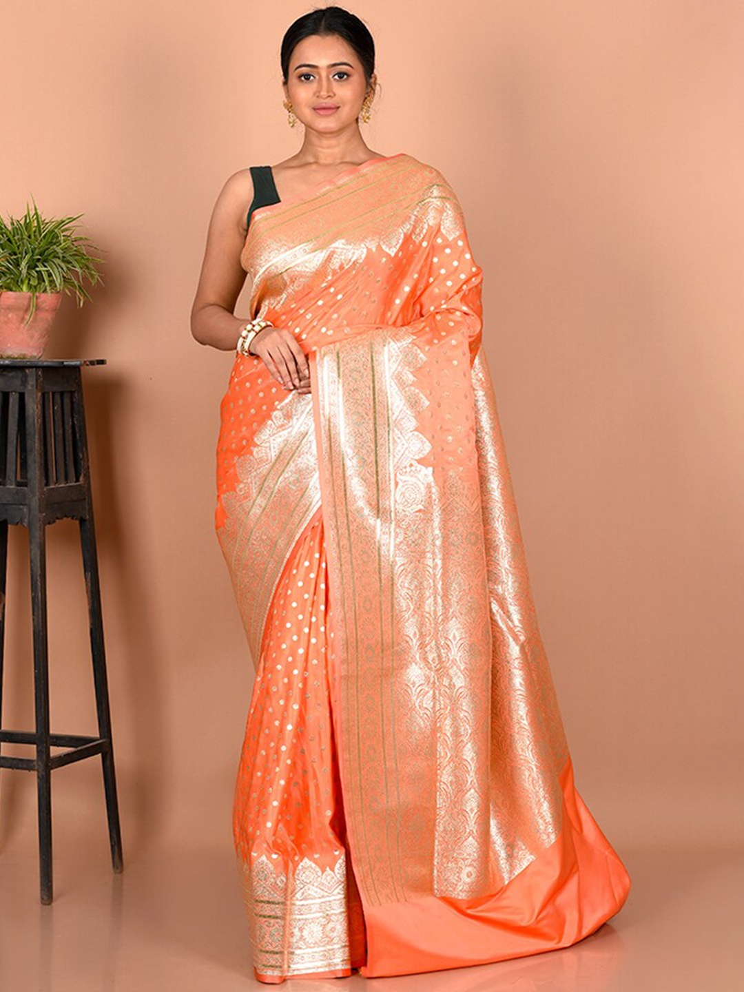 

AllSilks Woven Design Zari Silk Blend Banarasi Saree, Rust