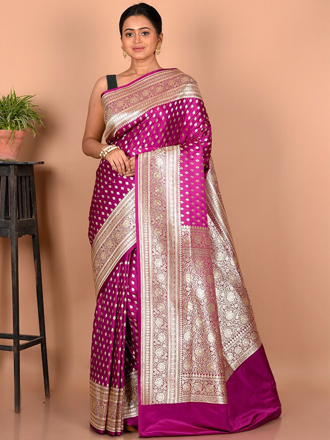 

AllSilks Woven Design Zari Silk Blend Banarasi Saree, Purple