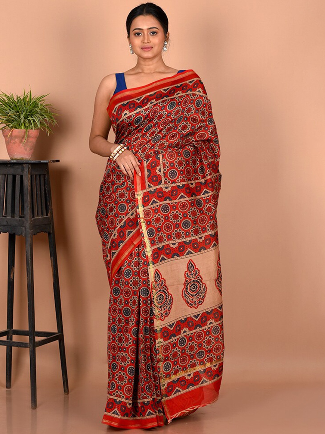 

AllSilks Ethnic Motifs Zari Pure Cotton Chanderi Saree, Red