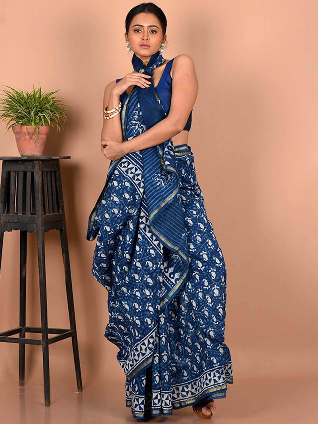 

AllSilks Ethnic Motifs Zari Pure Cotton Chanderi Saree, Blue