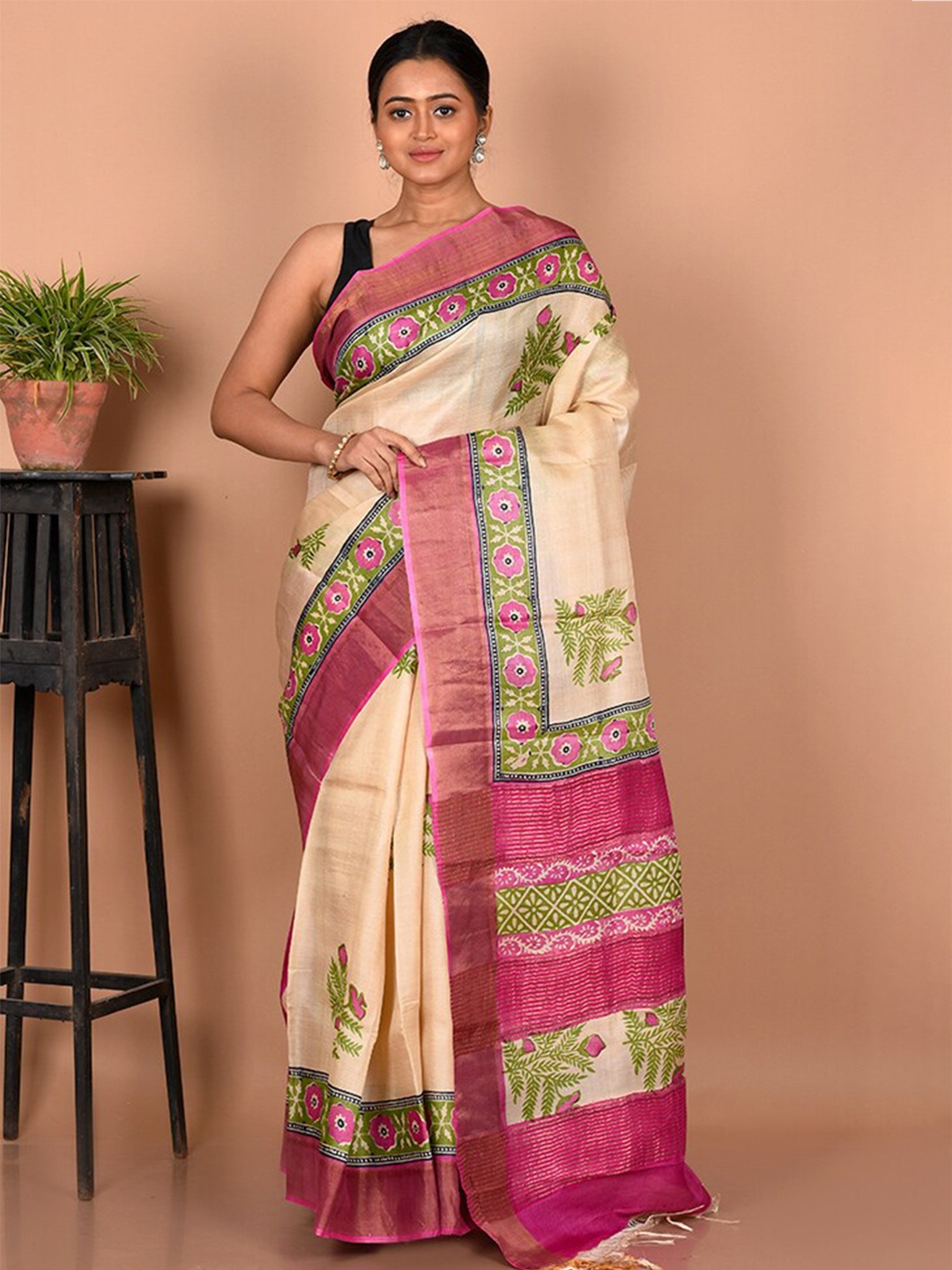 

AllSilks Floral Printed Silk Blend Tussar Saree, Cream