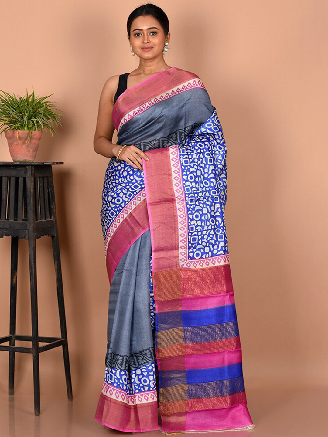 

AllSilks Silk Blend Tussar Saree, Blue