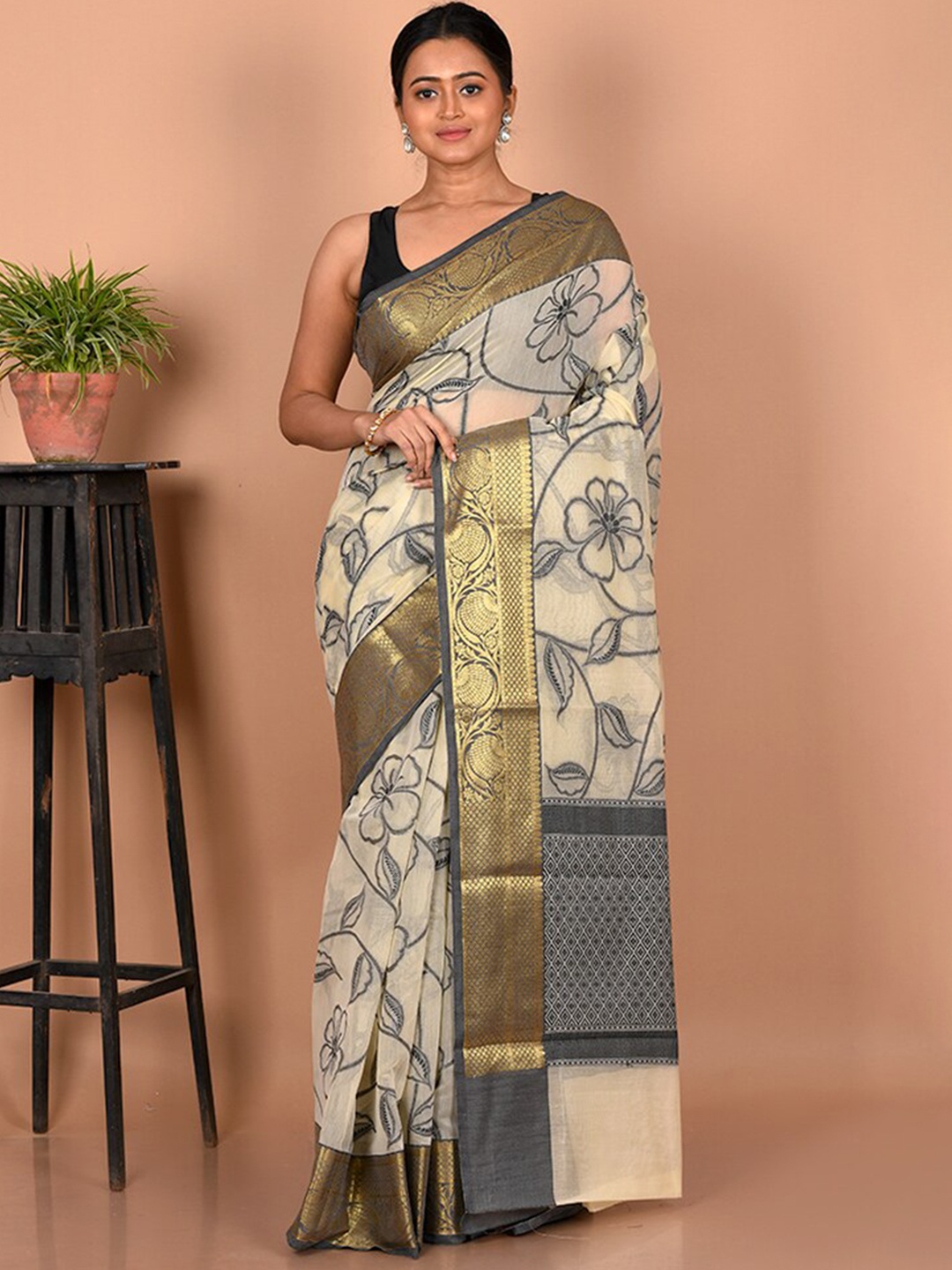 

AllSilks Floral Printed Zari Silk Blend Saree, Cream