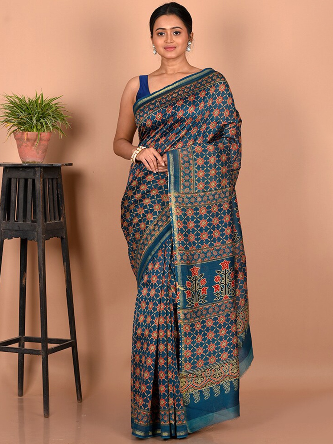 

AllSilks Ethnic Motifs Zari Pure Cotton Chanderi Saree, Blue