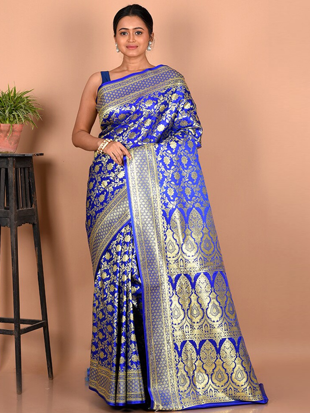 

AllSilks Ethnic Motifs Zari Silk Blend Banarasi Saree, Blue