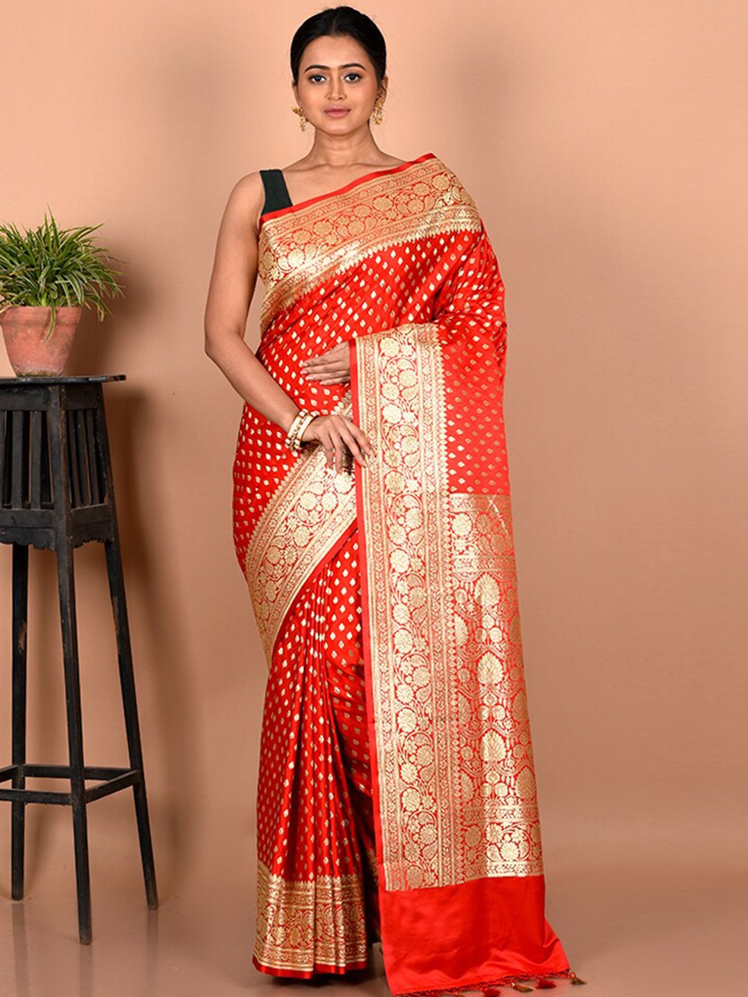 

AllSilks Ethnic Motifs Zari Silk Blend Banarasi Saree, Red