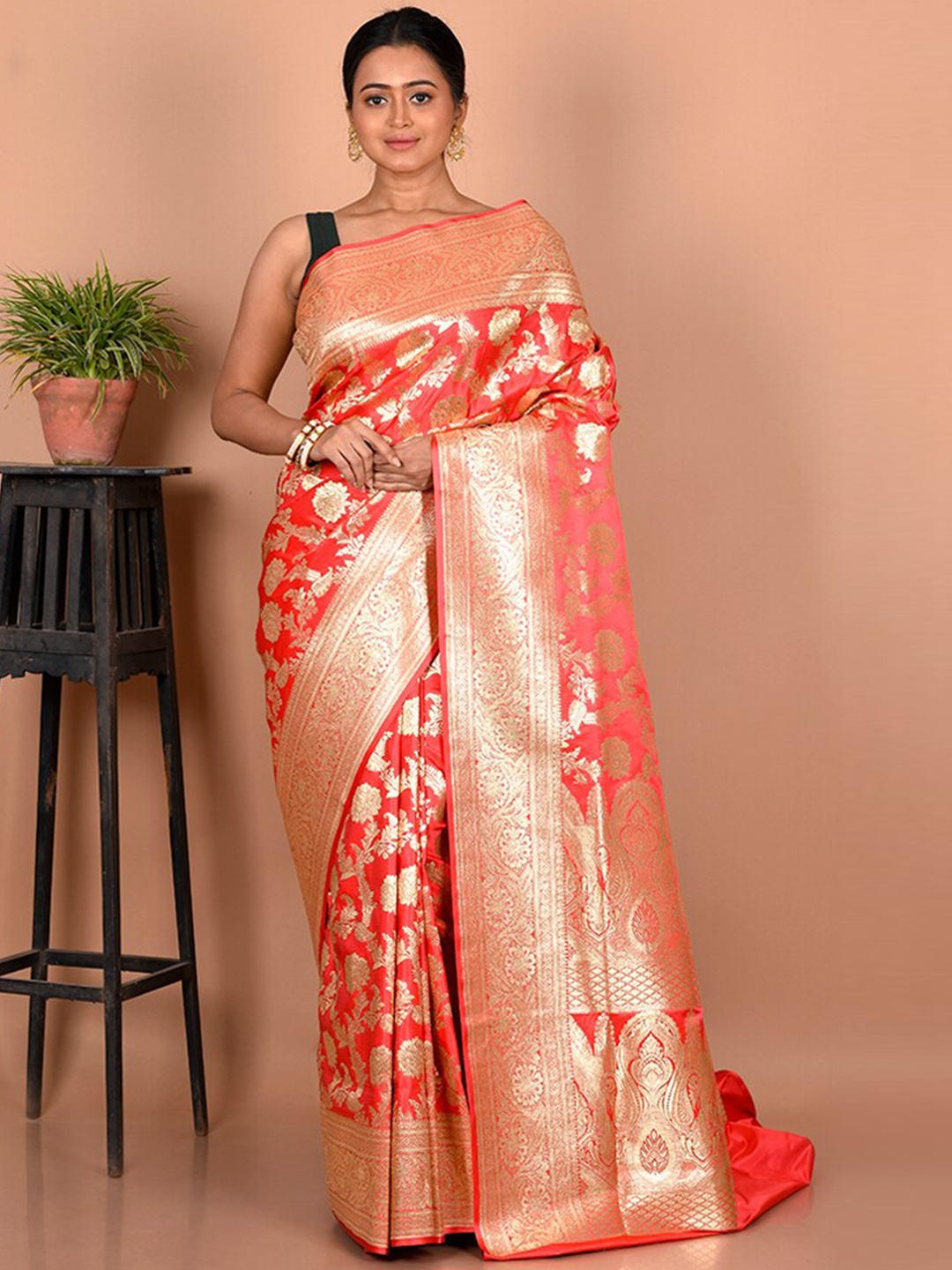 

AllSilks Floral Printed Zari Silk Blend Banarasi Saree, Pink