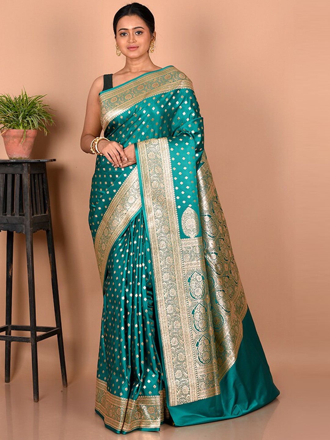 

AllSilks Ethnic Motifs Zari Silk Blend Banarasi Saree, Green
