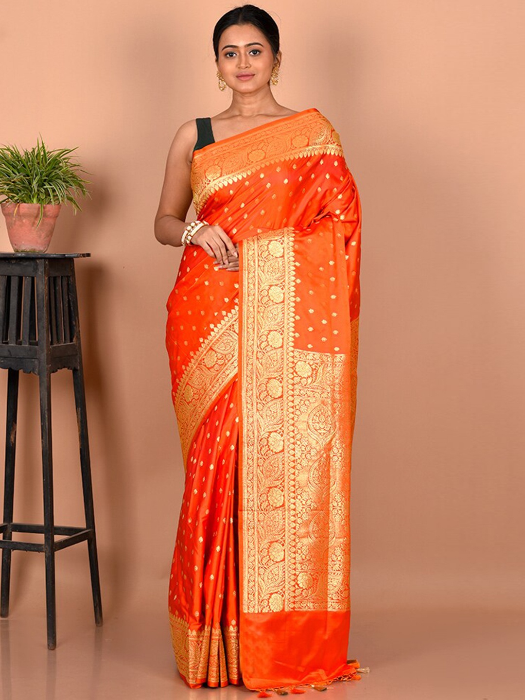 

AllSilks Ethnic Motifs Zari Silk Blend Banarasi Saree, Rust