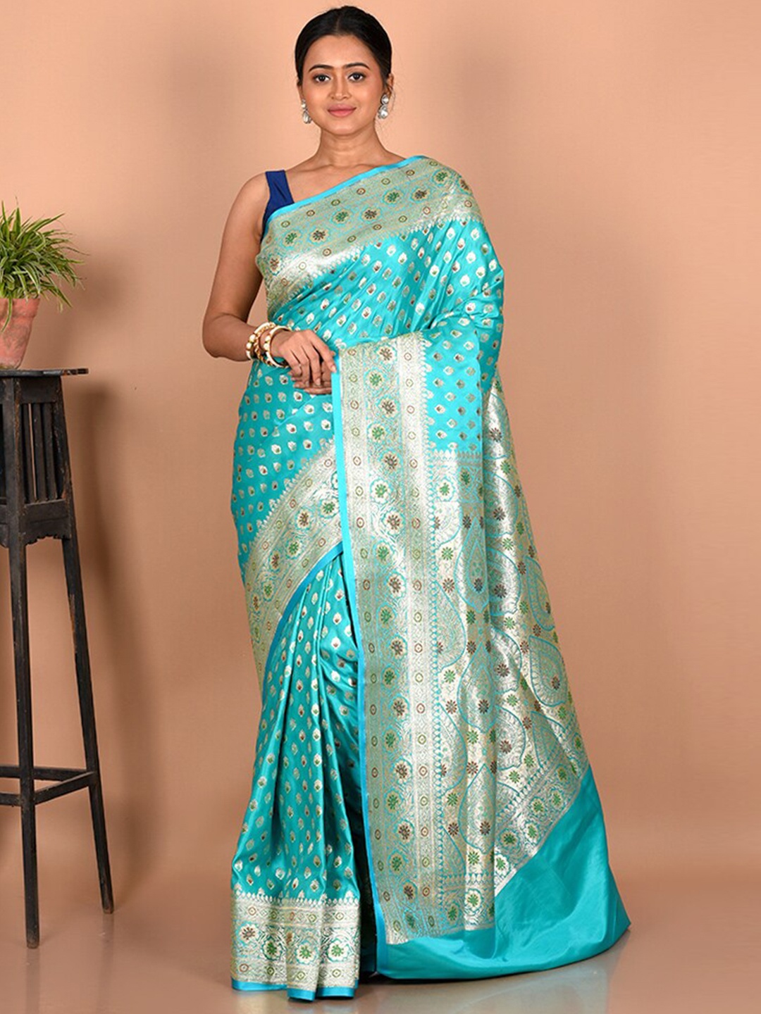 

AllSilks Ethnic Motifs Zari Silk Blend Banarasi Saree, Green
