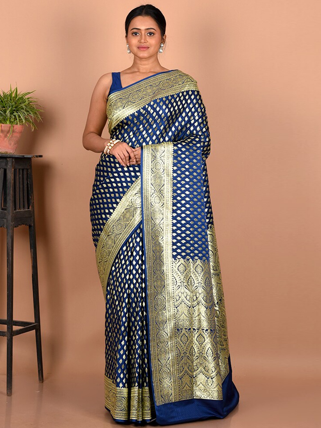 

AllSilks Woven Design Printed Zari Silk Blend Banarasi Saree With Blouse Piece, Blue