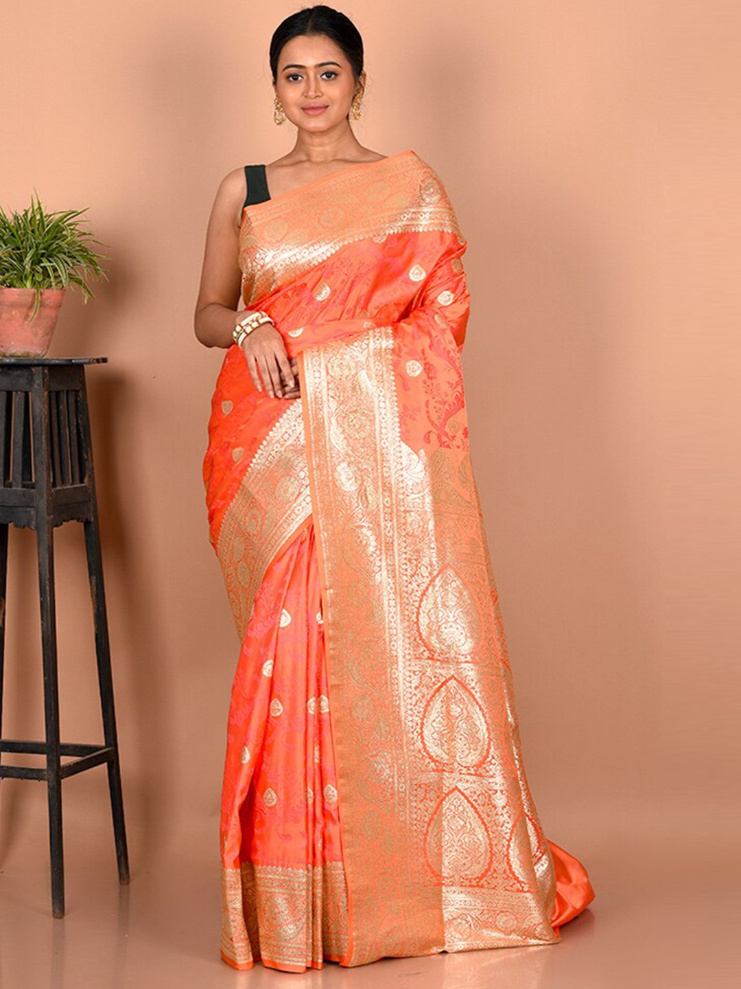 

AllSilks Woven Design Printed Zari Silk Blend Banarasi Saree With Blouse Piece, Coral