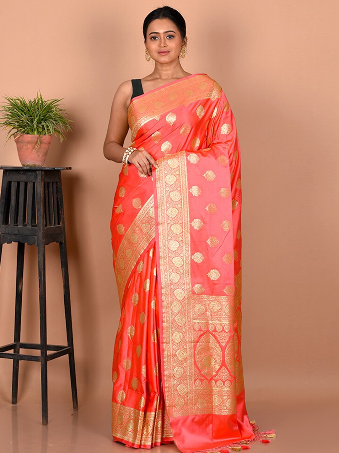 

AllSilks Woven Design Printed Zari Silk Blend Banarasi Saree With Blouse Piece, Coral