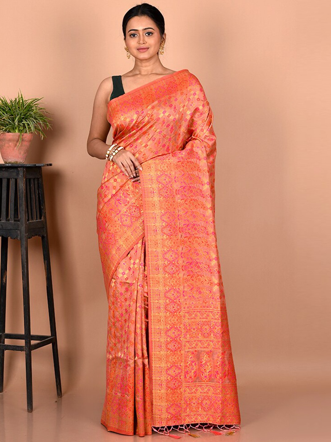 

AllSilks Woven Design Printed Silk Blend Saree With Blouse Piece, Pink