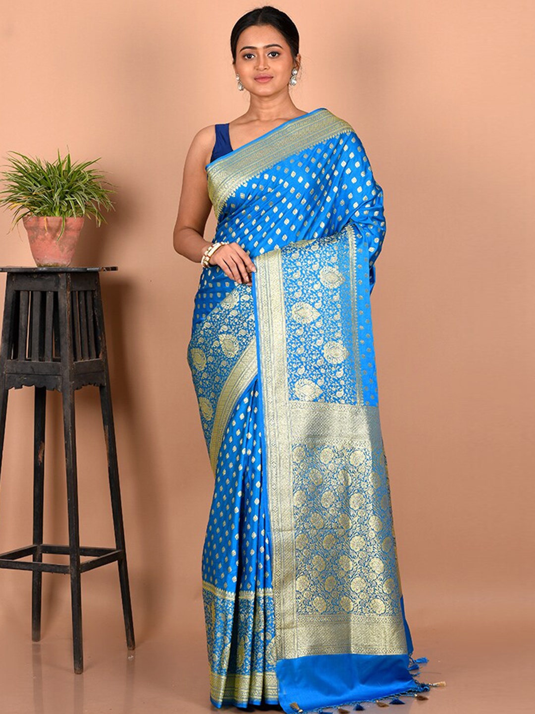 

AllSilks Ethnic Motifs Zari Silk Blend Banarasi Saree, Blue