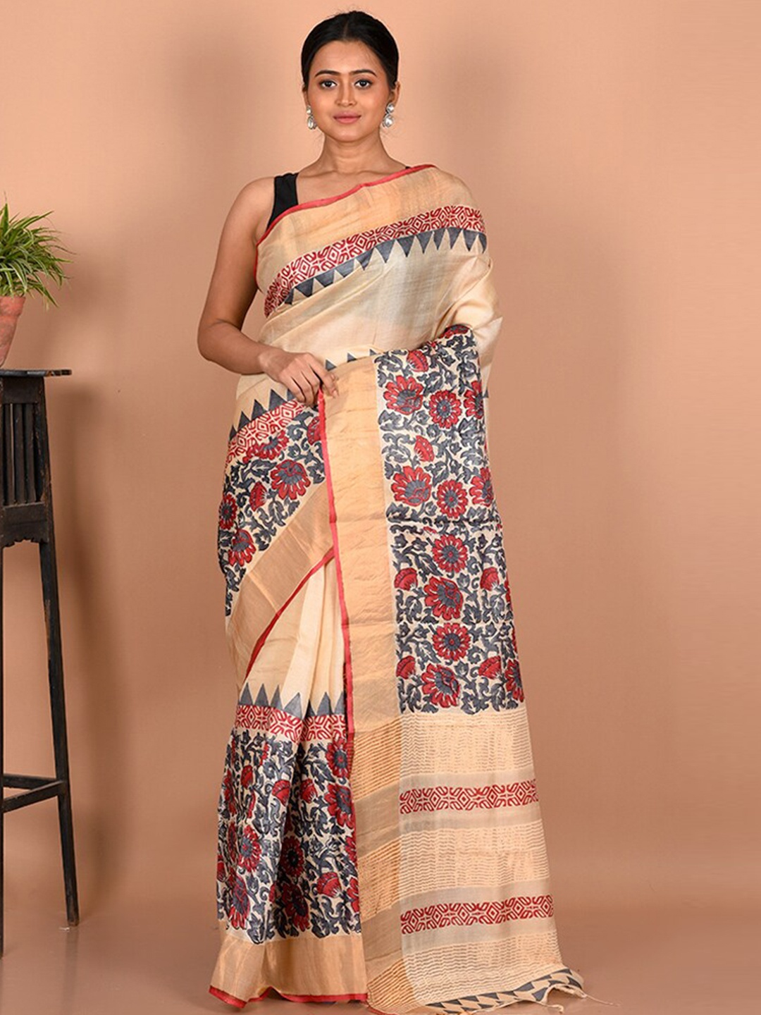 

AllSilks Floral Silk Blend Tussar Saree, Cream