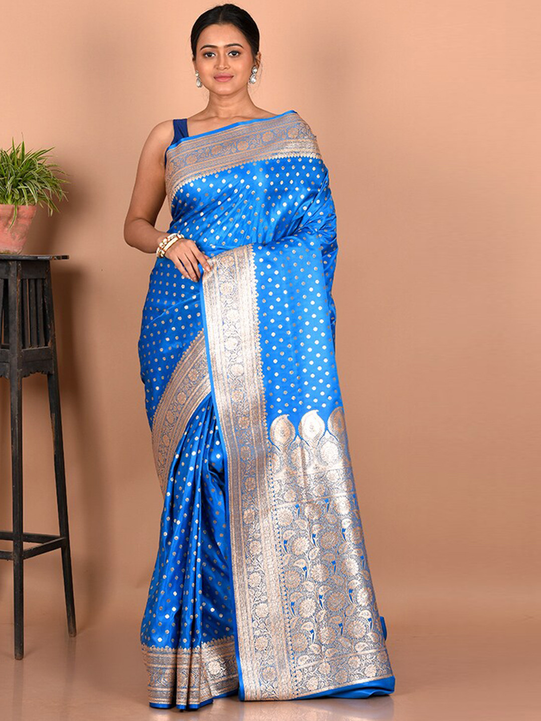 

AllSilks Woven Design Zari Silk Blend Banarasi Saree, Blue