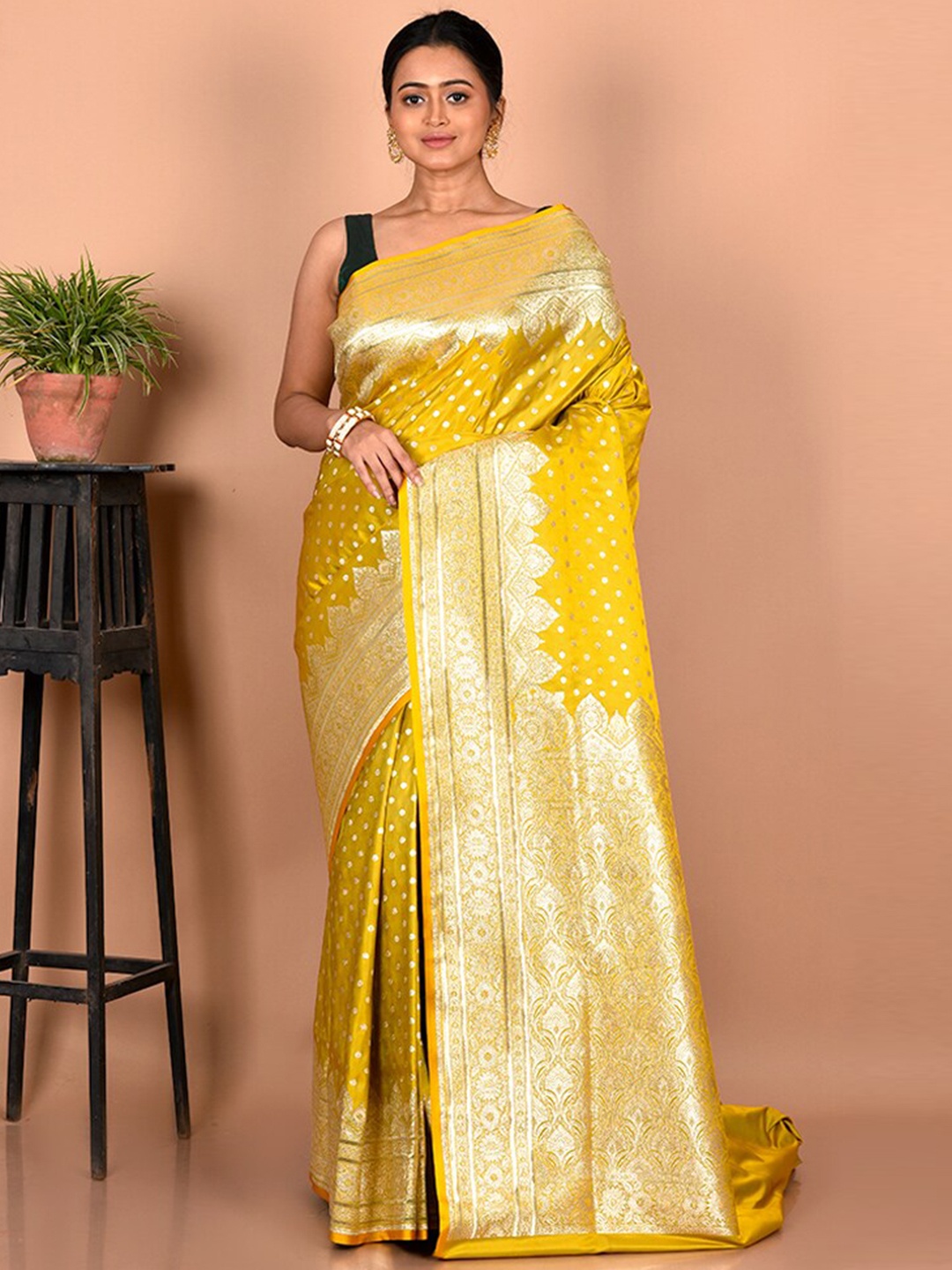 

AllSilks Woven Design Zari Silk Blend Banarasi Saree, Yellow