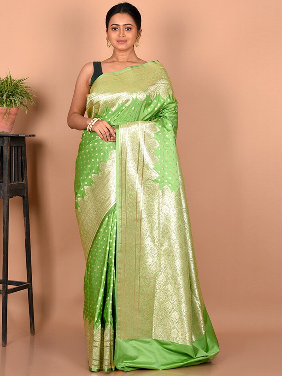 

AllSilks Ethnic Motifs Zari Silk Blend Banarasi Saree, Green