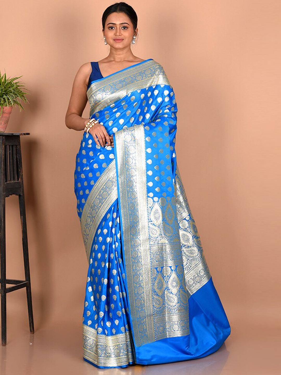 

AllSilks Woven Design Zari Silk Blend Banarasi Saree, Blue