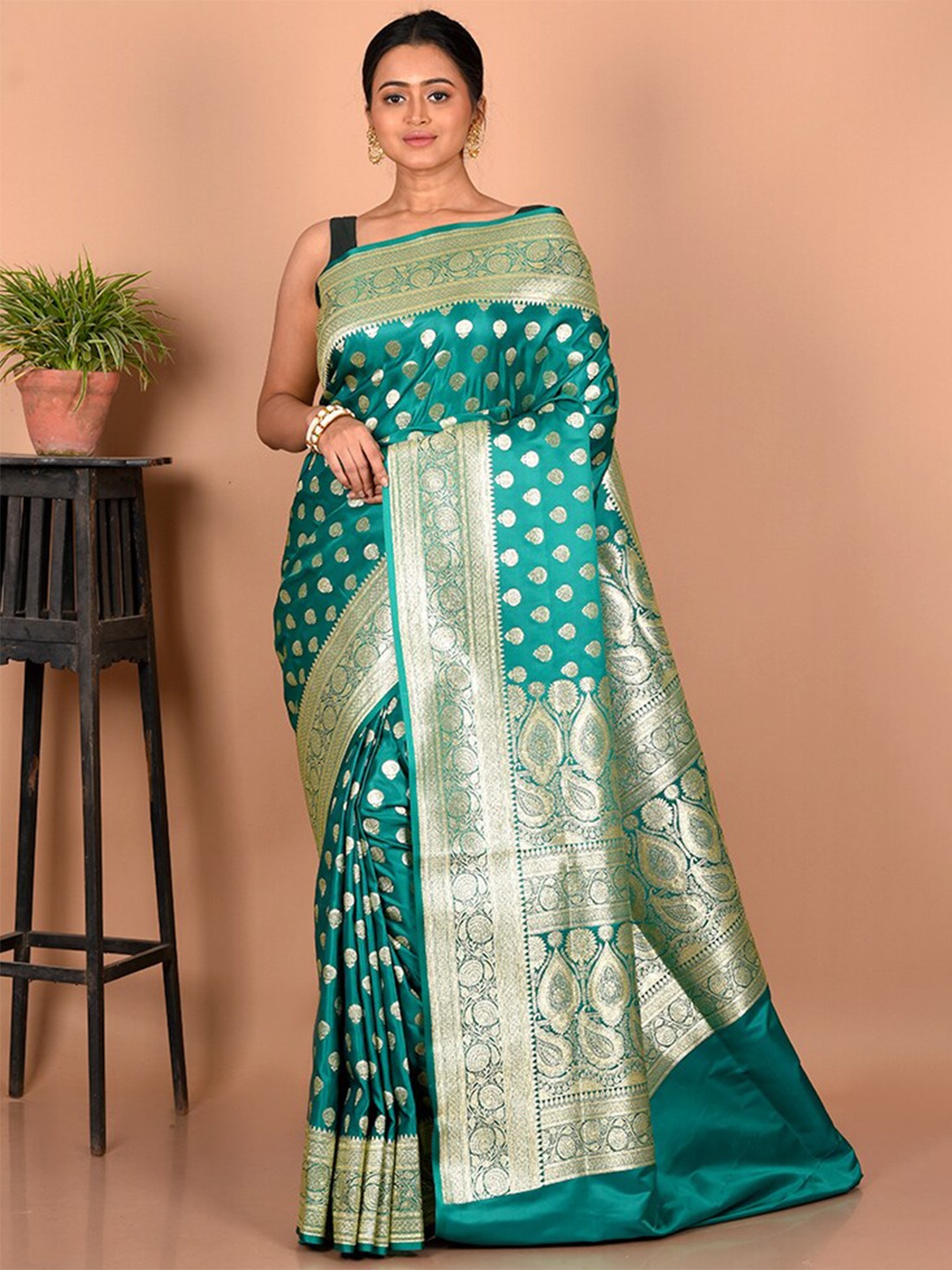 

AllSilks Woven Design Zari Silk Blend Banarasi Saree, Green