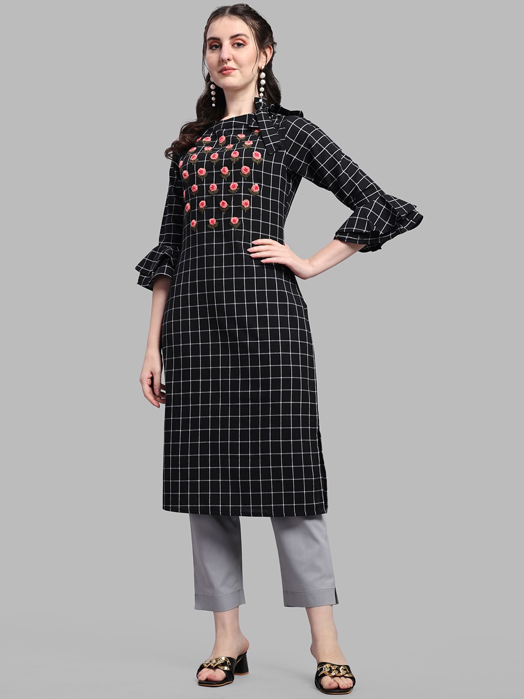

Berrylicious Checked Bell Sleeves Thread Work Cotton Kurta, Black