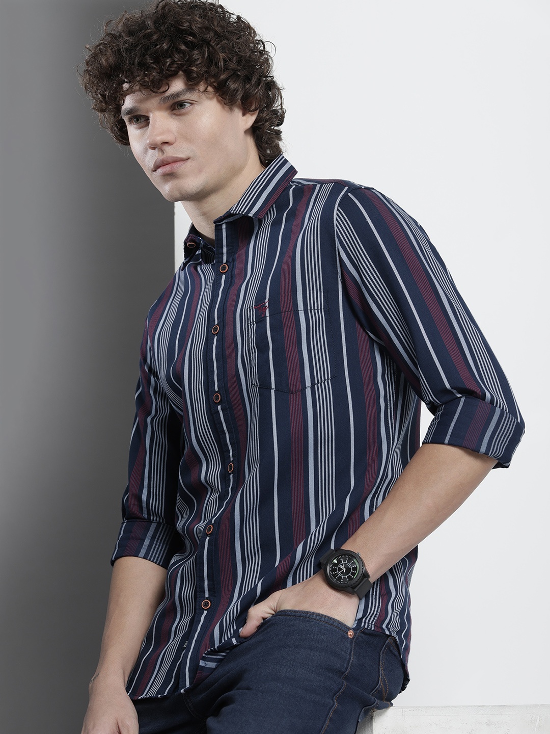 

The Indian Garage Co Men Striped Cotton Casual Shirt, Navy blue
