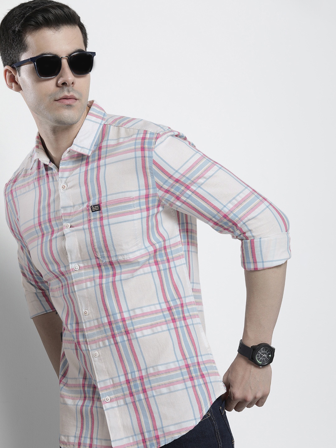 

The Indian Garage Co Men Tartan Checked Cotton Casual Shirt, Off white
