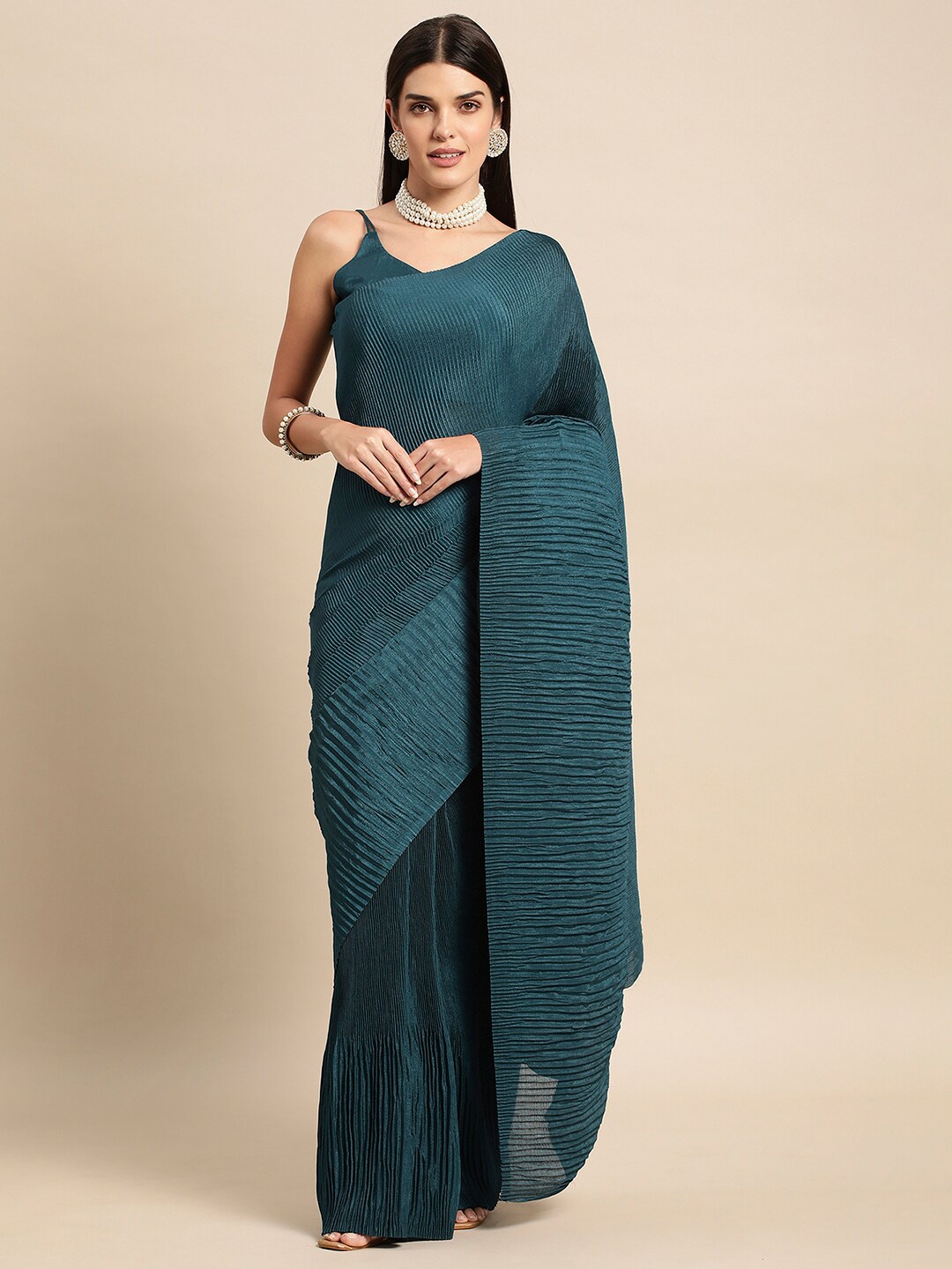 

Satrani Pleated Silk Blend Saree, Teal