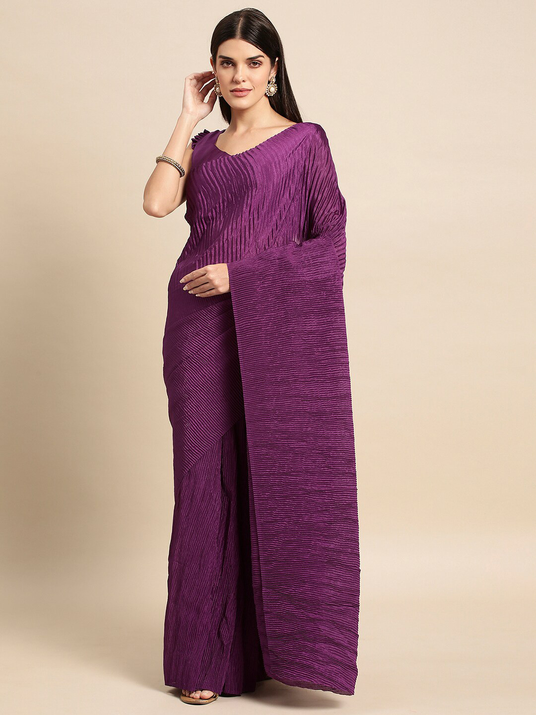 

Satrani Pleated Silk Blend Saree, Purple