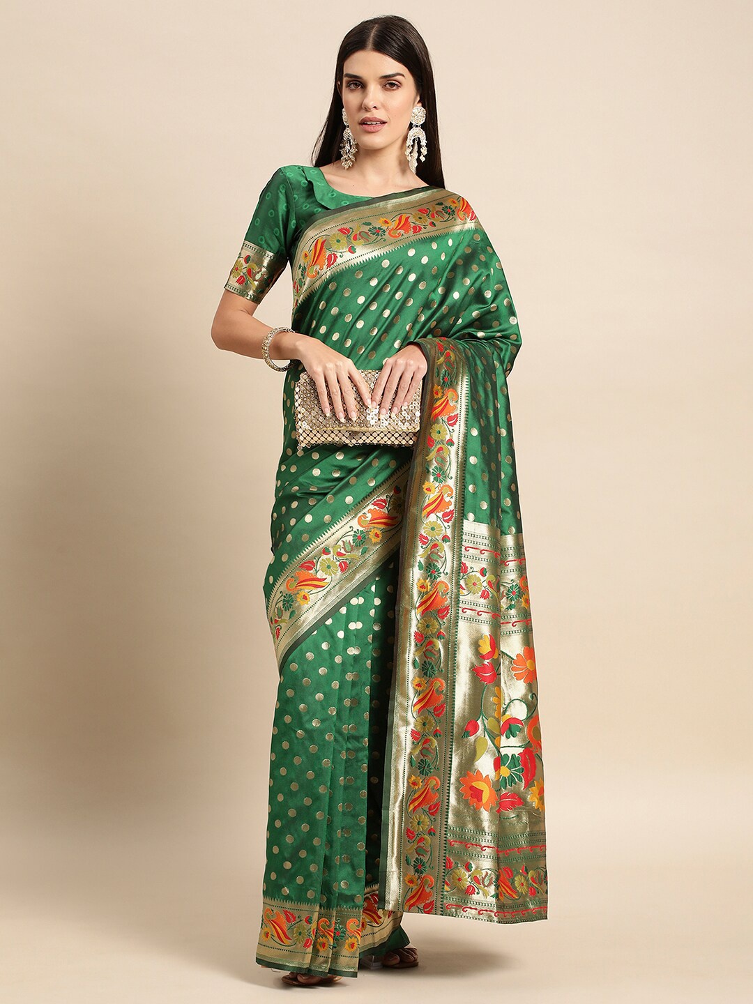 

Satrani Woven Design Zari Banarasi Saree, Green