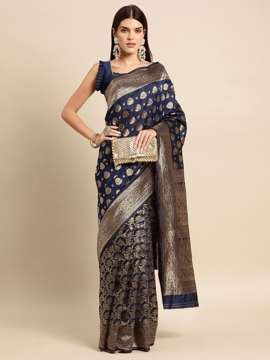 

Satrani Woven Design Zari Banarasi Saree, Navy blue