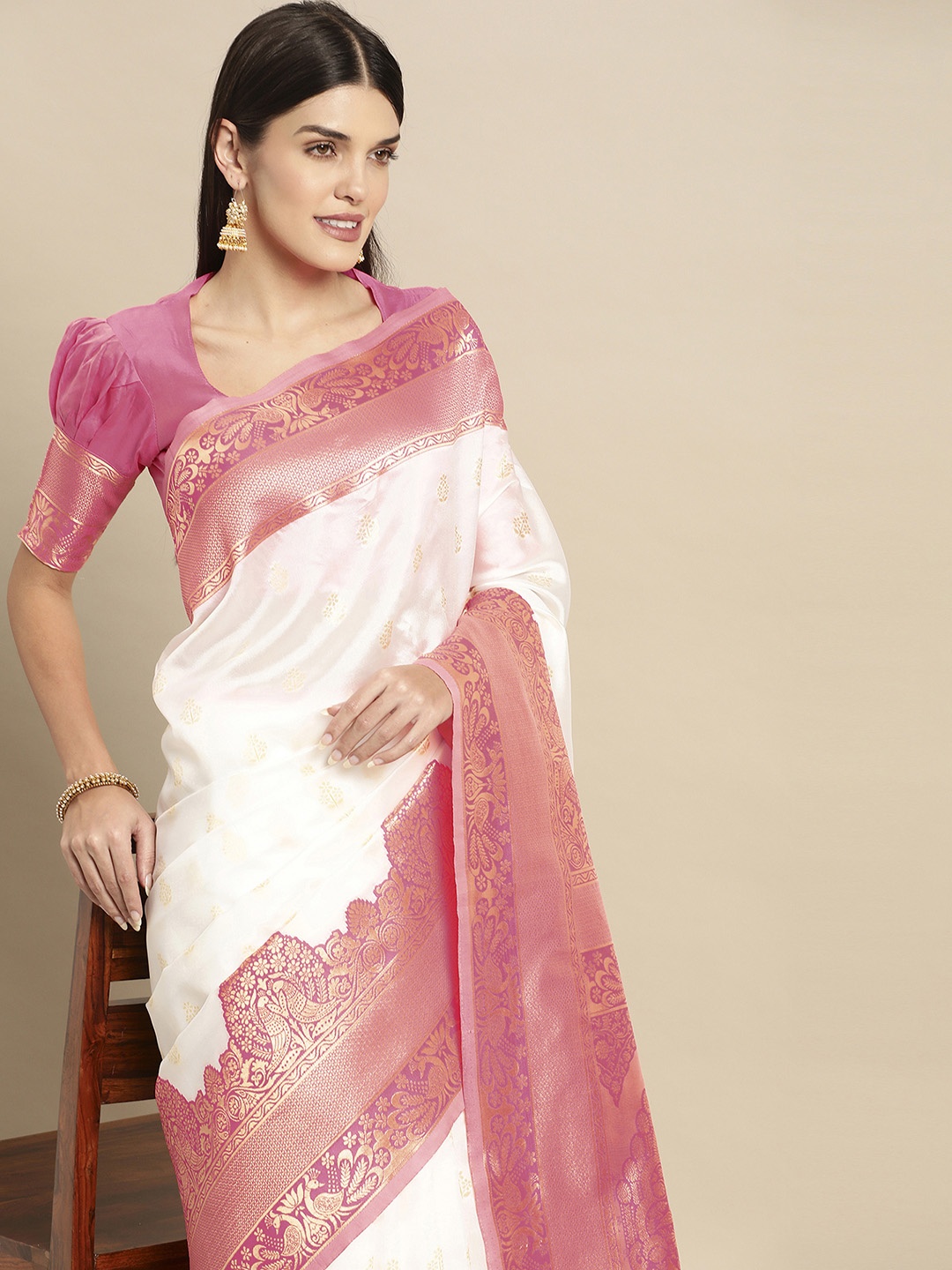 

Satrani Woven Design Art Silk Banarasi Saree, Off white
