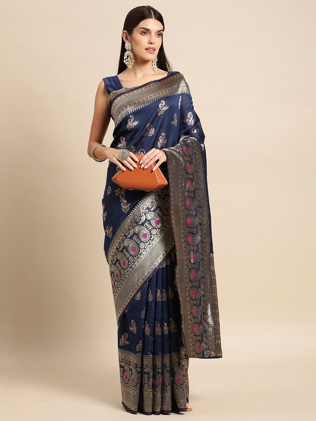 

Satrani Ethnic Motifs Zari Banarasi Saree, Navy blue