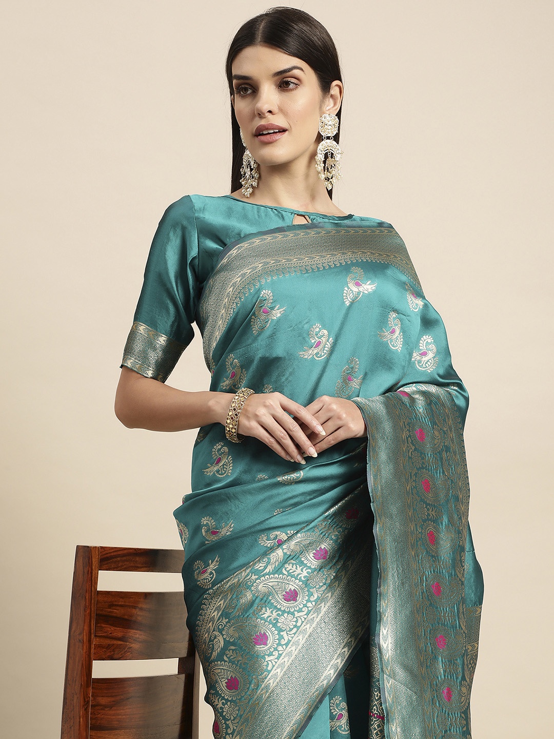 

Satrani Ethnic Motifs Zari Banarasi Saree, Green