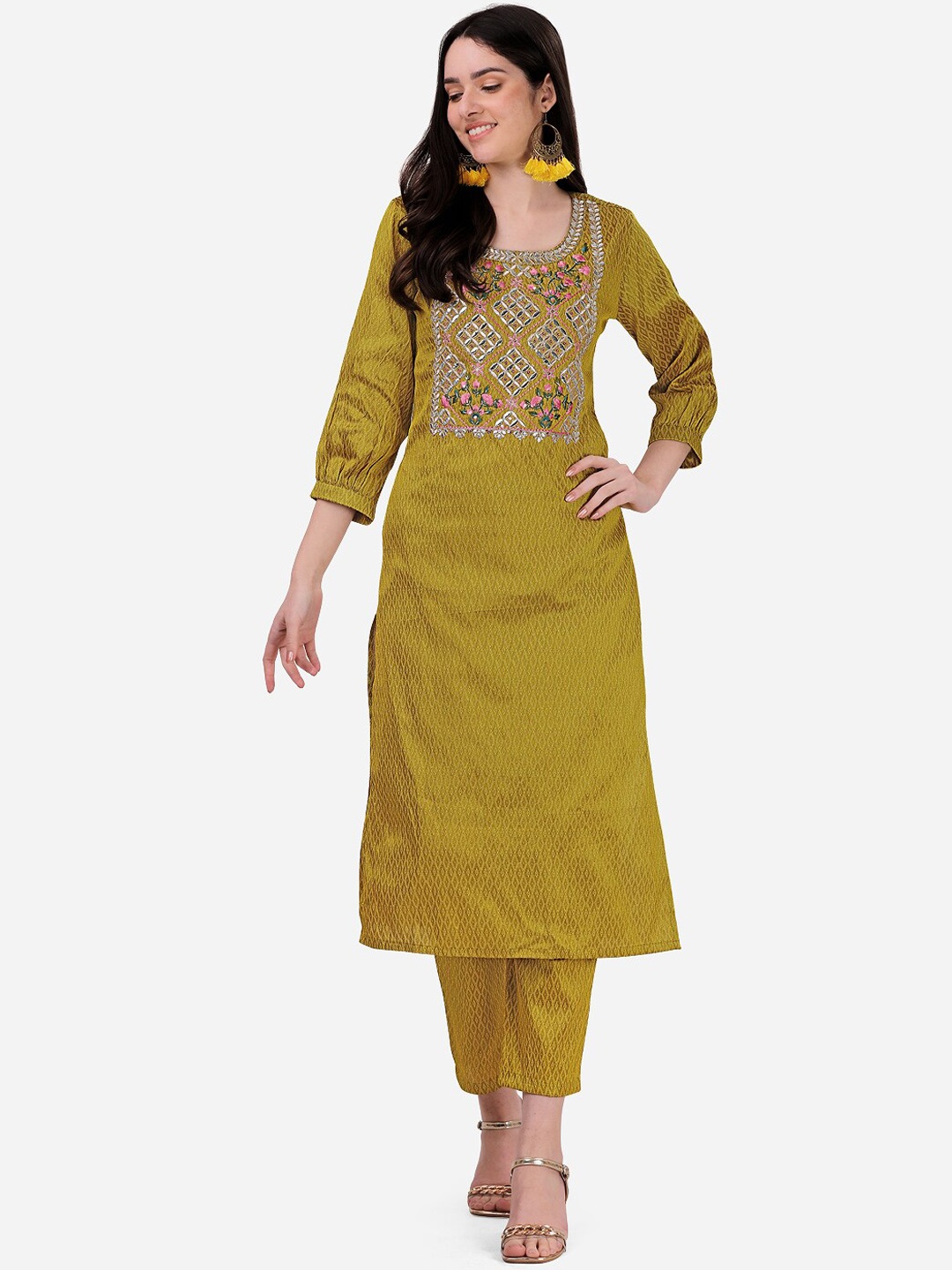 

HERE&NOW Women Mustard Yellow Ethnic Motifs Embroidered Pure Silk Kurta with Trousers