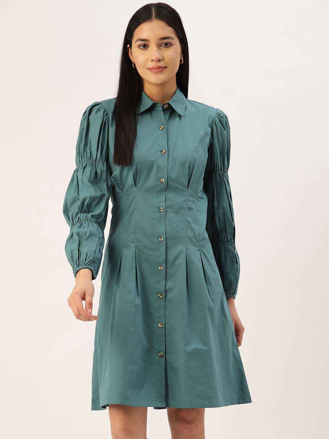 

MISRI Puff Sleeves Shirt Dress, Teal