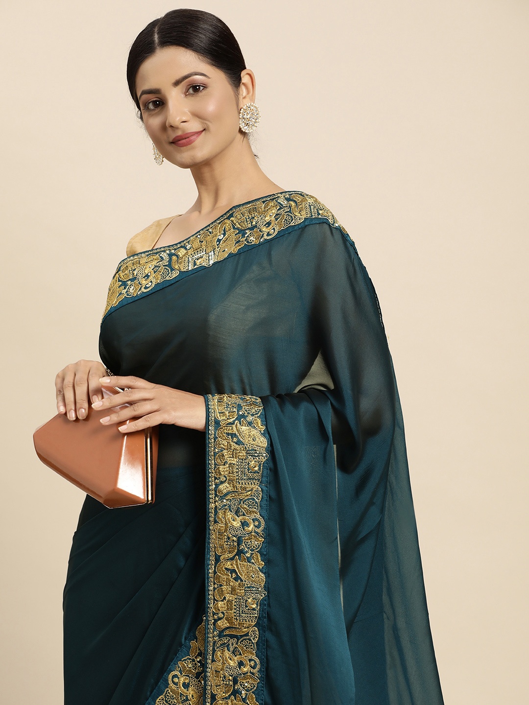 

VASTRANAND Ethnic Motifs Aari Work Satin Saree, Teal